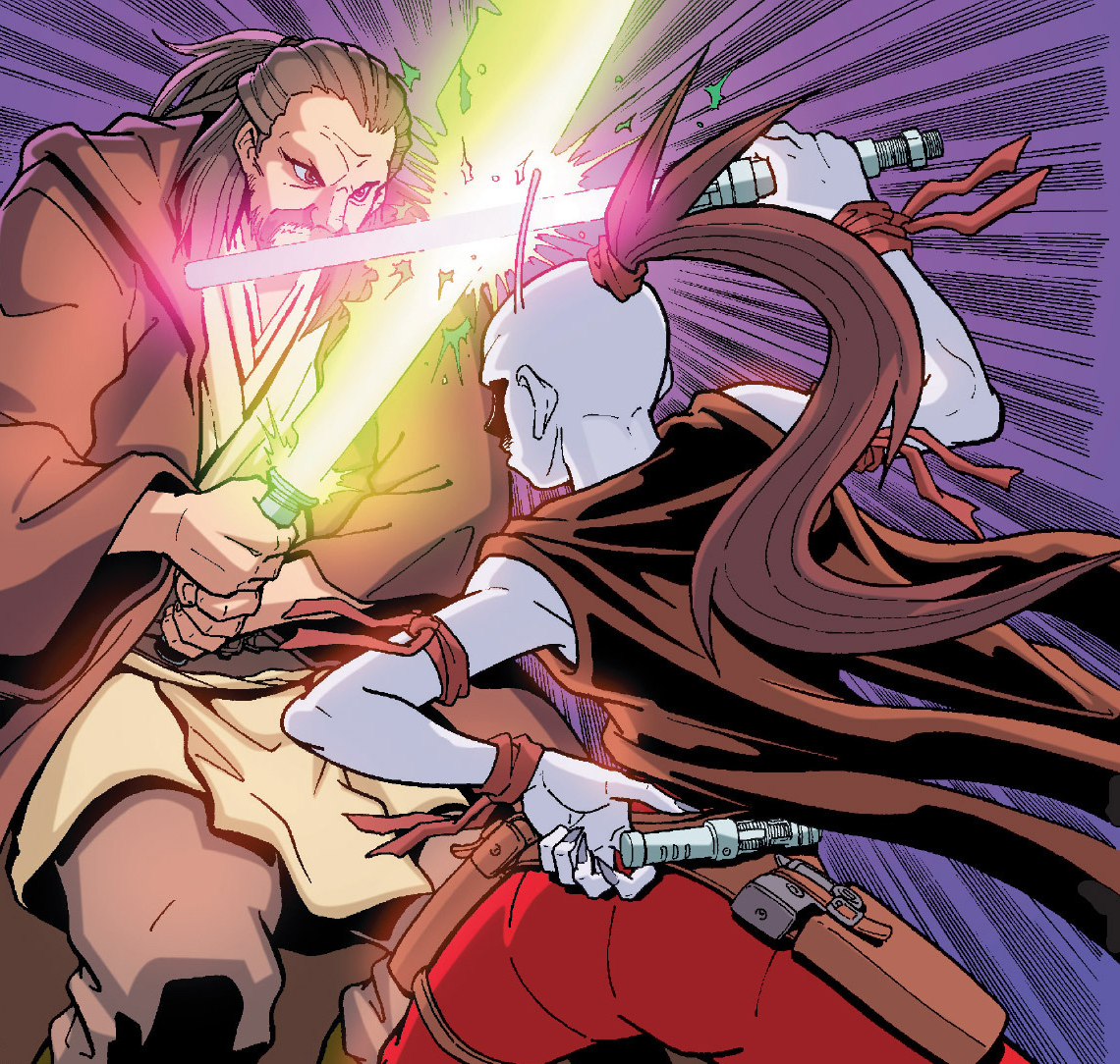 Qui-Gon Jinn duels Aurra Sing