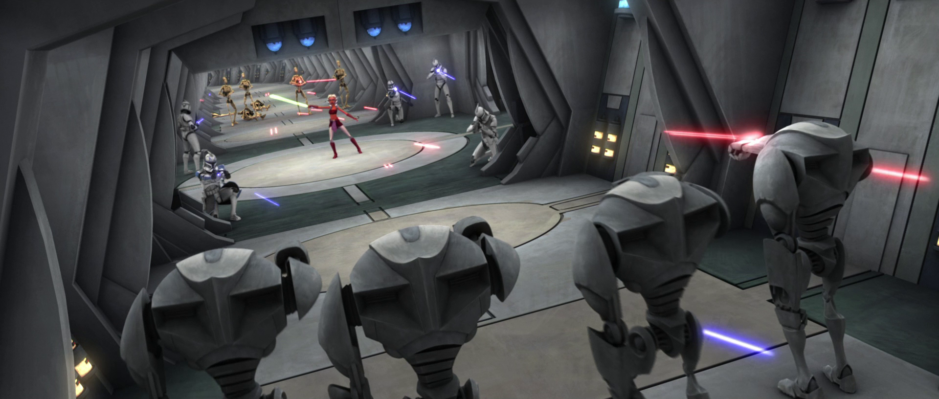 Ahsoka and her troopers engaging Separatist droids during their mission.