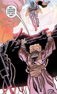 Zuckuss holds on from falling after his failed attempt to assassinate Boba Fett.