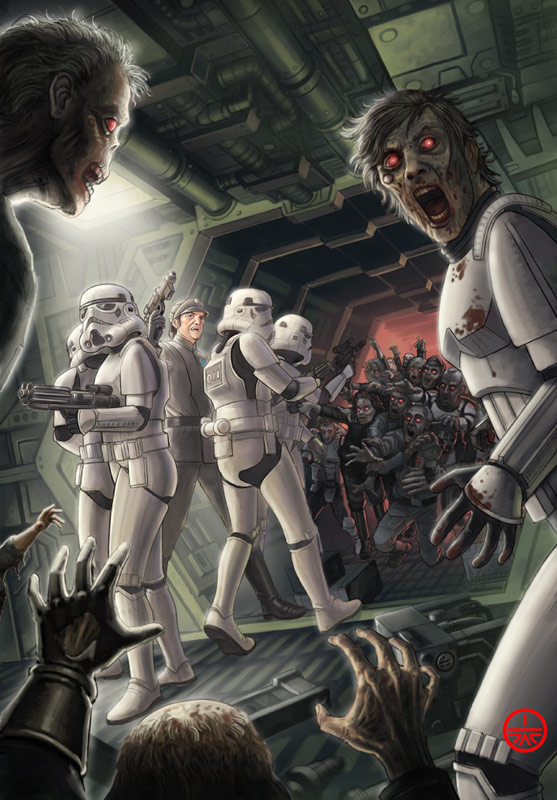 A detachment of Imperial soldiers surrounded by infected Imperial officers and stormtroopers