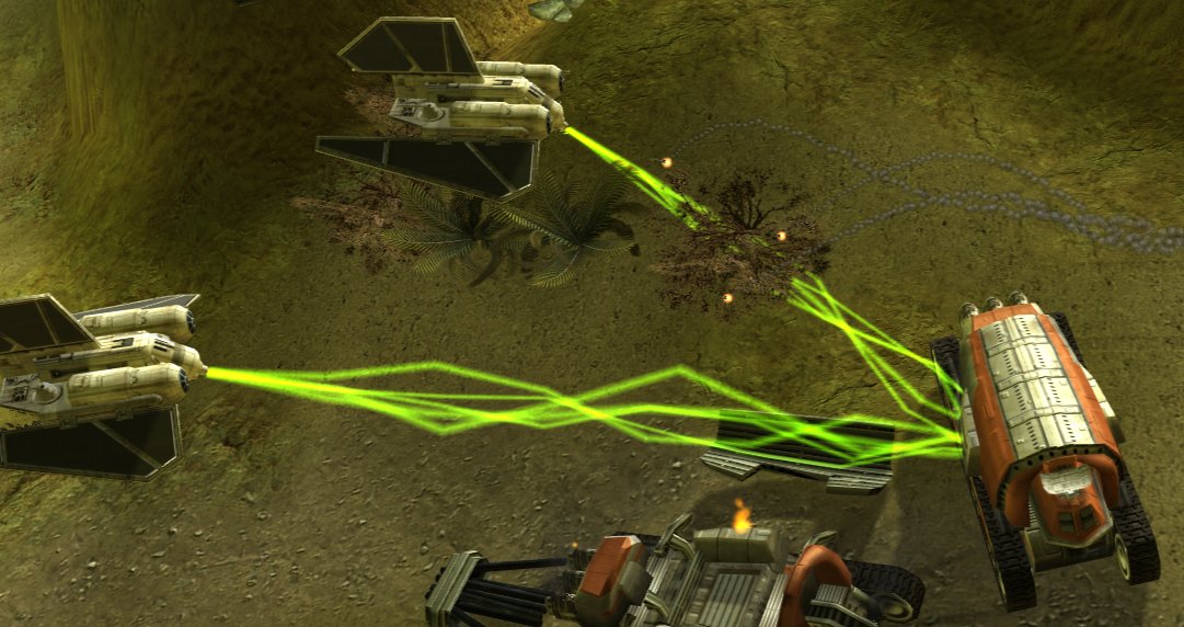 Two Imperial Lancets attack a Rebel MPTL-2a with their proton beam cannons.