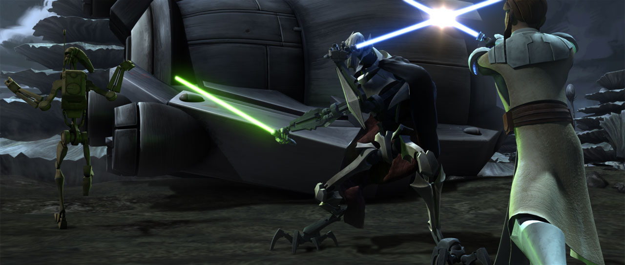 Generals Kenobi and Grievous duel one another on the planet's surface.