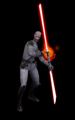 Uthar Wynn brandishing his double-bladed lightsaber.