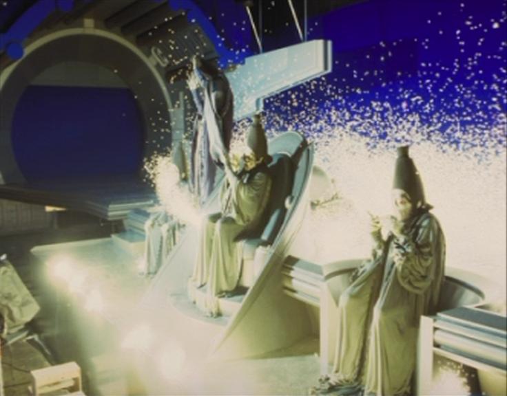 Live sparks going off on the set of Leavesden Studios Stage C while filming the deaths of the control ship crew