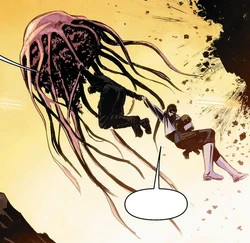 Jao, Ania, and Dieben clinging on to a Nalydian floating jellyfish