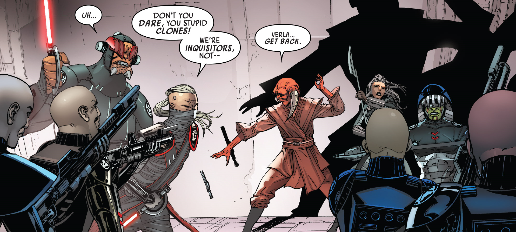 The Purge troopers turn on the Inquisitors, under the influence of Ferren Barr.