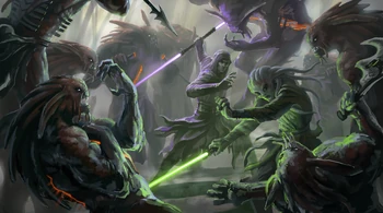 Master Ovair and Padawan Gynt battle mutated Massassi warriors on Yavin 4.