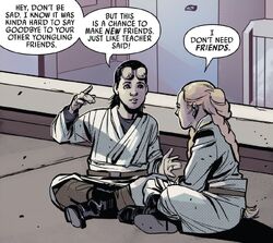 Two adolescents sitting cross-legged beside each other on a paved surface outdoors in the Jedi Temple.
