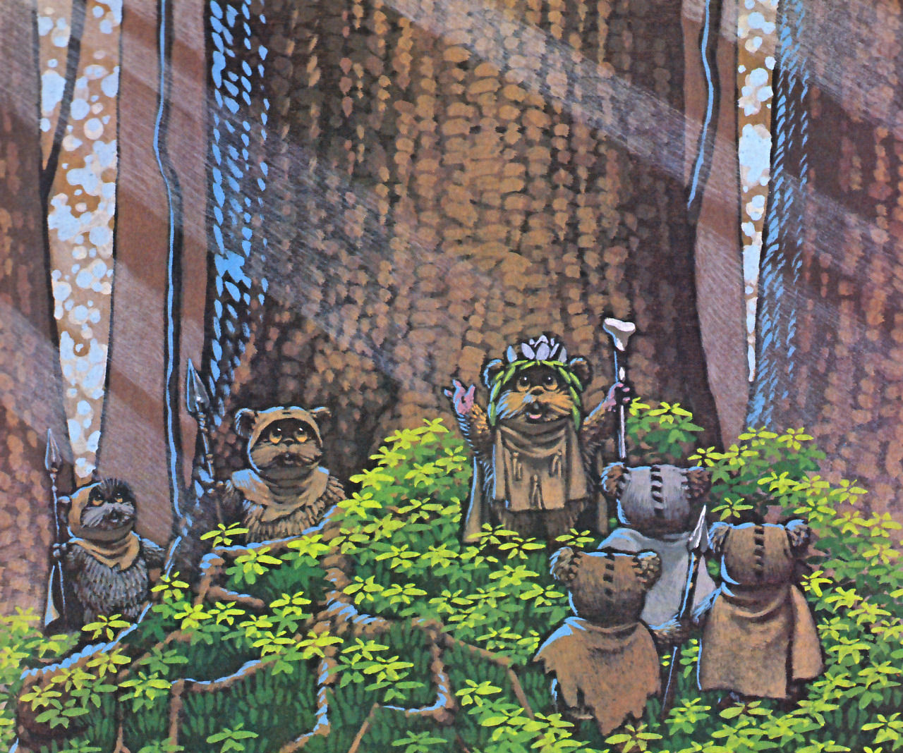 A group of Ewoks chanting to the trees