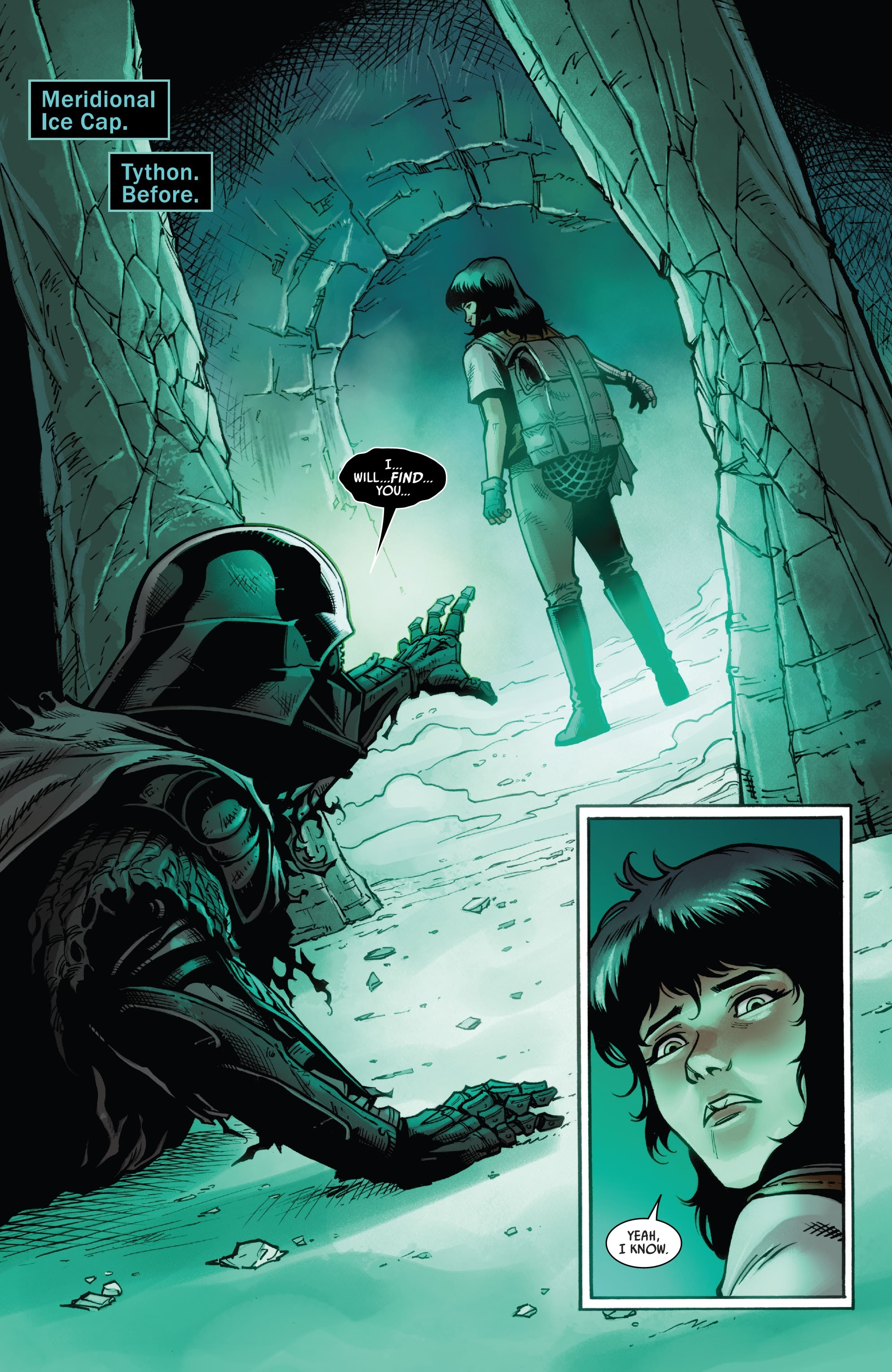 Doctor Aphra escapes from Darth Vader on Tython.