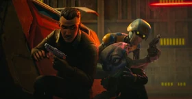 Vario takes cover with police officers Lawson and Two-Boots.