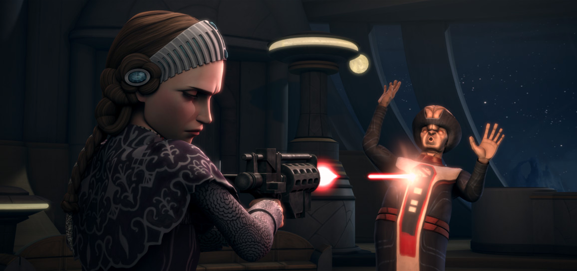 Controlled by Dooku via the Force, Senator Amidala fatally wounds Bec Lawise.