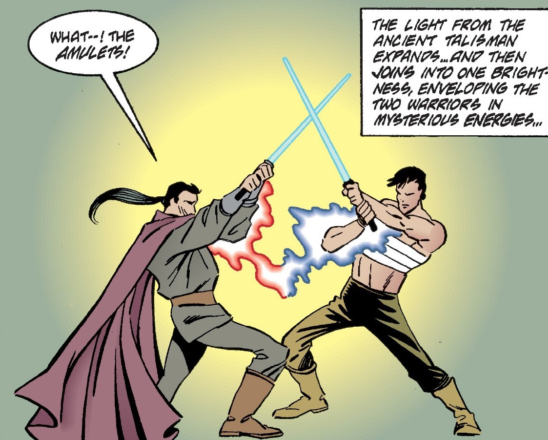 The Sith amulets attract as Kun and Qel-Droma duel.