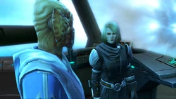 Lana Beniko enjoys a philosophical discussion with Master Gnost-Dural.