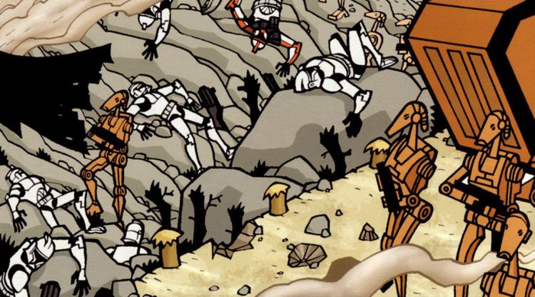 Offee and her troops pretending to be dead as the droid army passes them by.