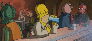 Kardue'sai'Malloc leans on the bar of the Mos Eisley Cantina facing another alien patron with six eye stalks. Homer Simpson leans against the bar drinking in the foreground with the Rodian Greedo next to him.