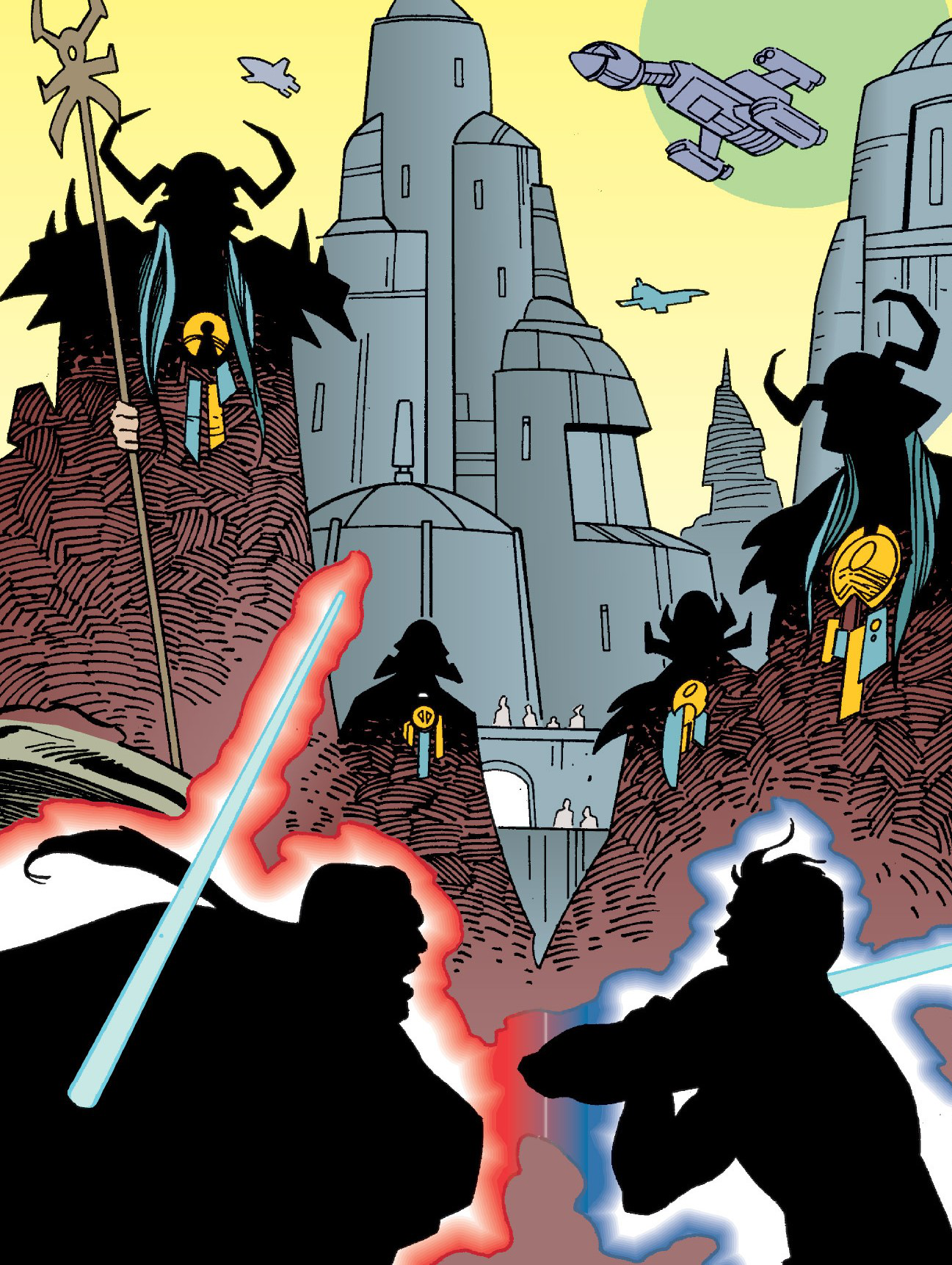 The spirits of the Dark Lords of the Sith watch the duel between Exar Kun and Ulic Qel-Droma.