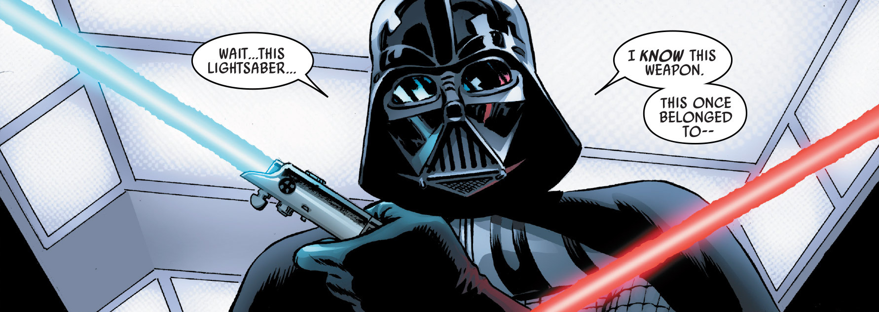 Vader briefly held the lightsaber he once used as a Jedi.