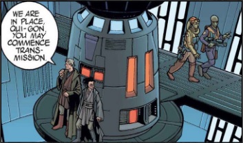 Jedi Master Tholme and Padawan Quinlan Vos secure the necessary comlink aboard the Stark Combine's command ship Raptor in order to transmit a virus patch to Coruscant's Jedi-led fleet, which enabled them to defeat the Combine and win the Stark Hyperspace War of 44 BBY.