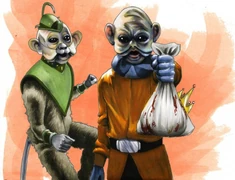 A  production of  depicting  and Xim presenting Ferece's head to Xer VIII