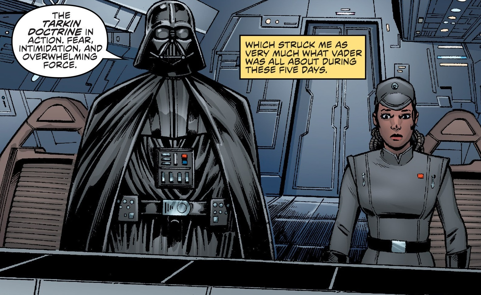 Darth Vader and Ensign Nanda watching the remains of Alderaan