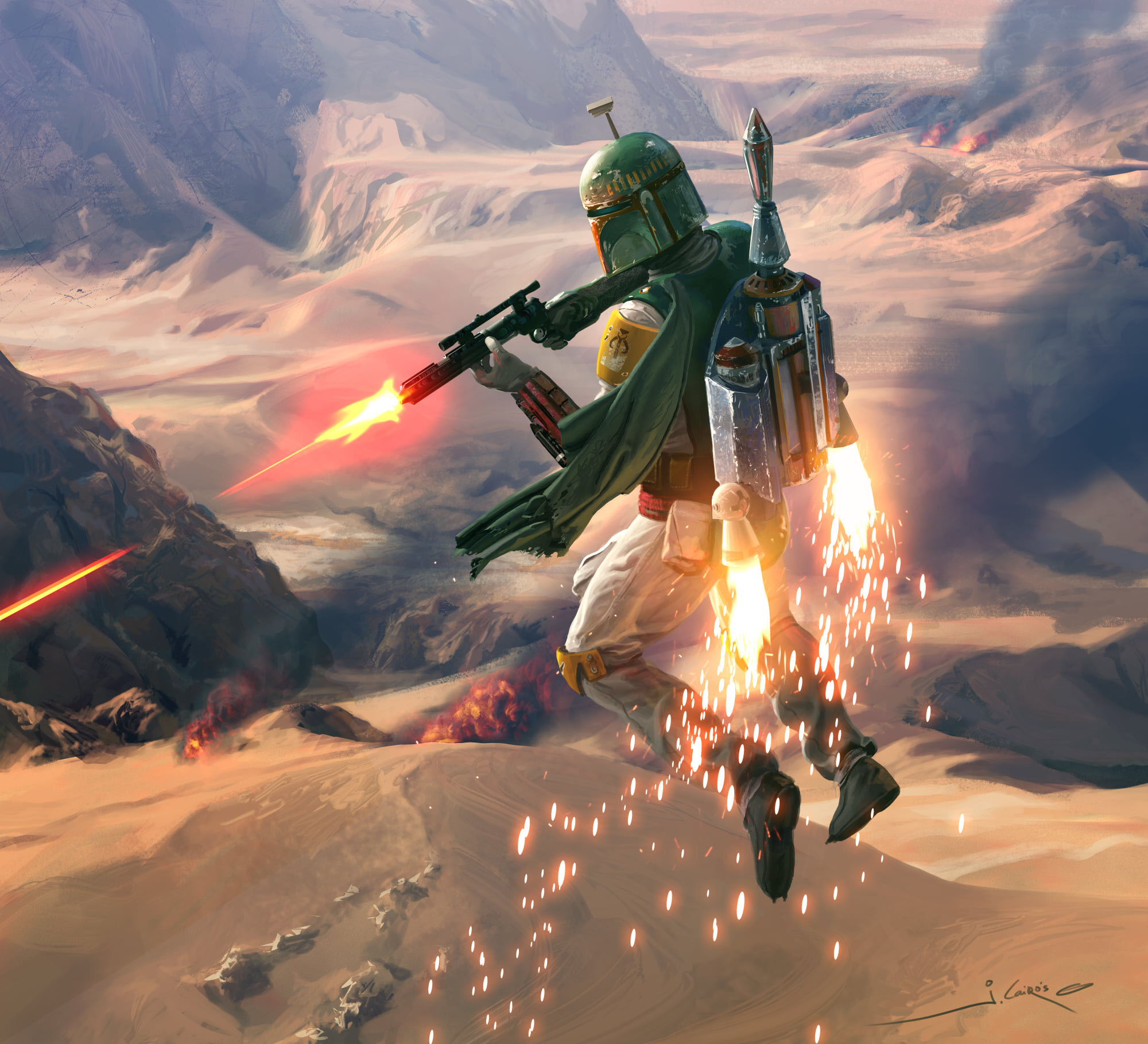 Fett was armed with Mandalorian armor, a Z-6 jetpack, and an EE-3 carbine rifle in addition to an array of other weaponry.