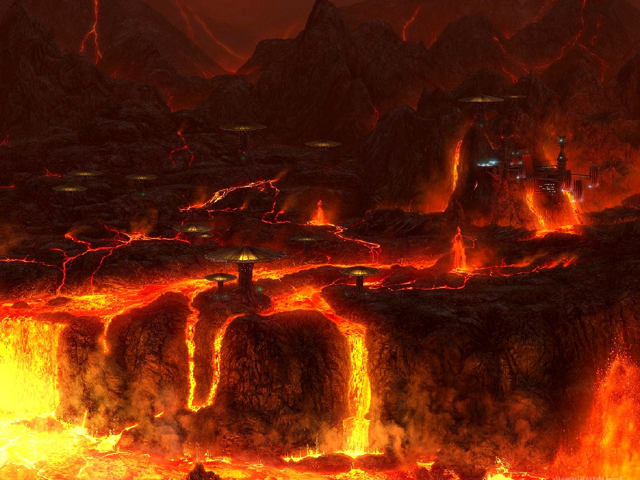 A mining complex dots the molten surface of Mustafar.