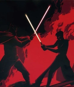 Count Dooku and Asajj Ventress clash lightsaber blades on Raxus Secundus.