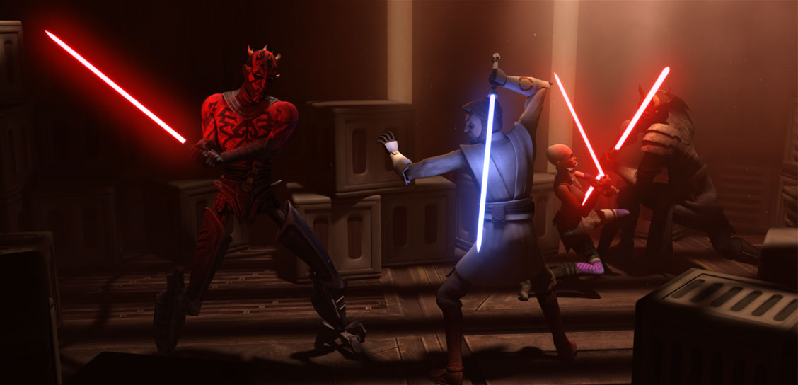 Maul and Savage duel Kenobi and Ventress inside a Turtle Tanker