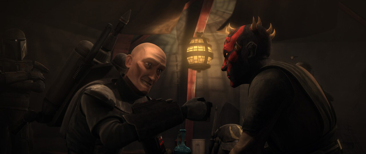 At Vizsla's insistence, Maul drinks a cup of Cassius tea and the two embark on an alliance to conquer Mandalore.