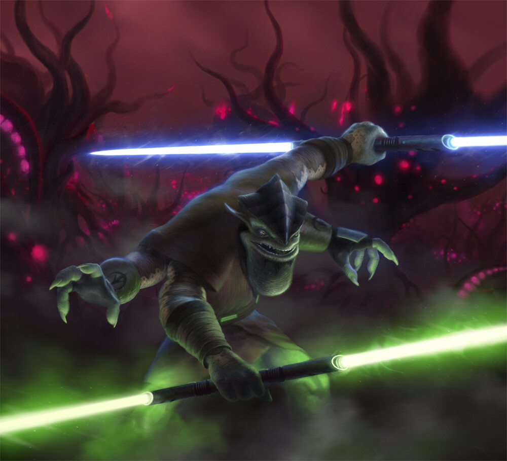 Despite his large size, Krell was very agile in combat and deadly with his dual double-bladed lightsabers.