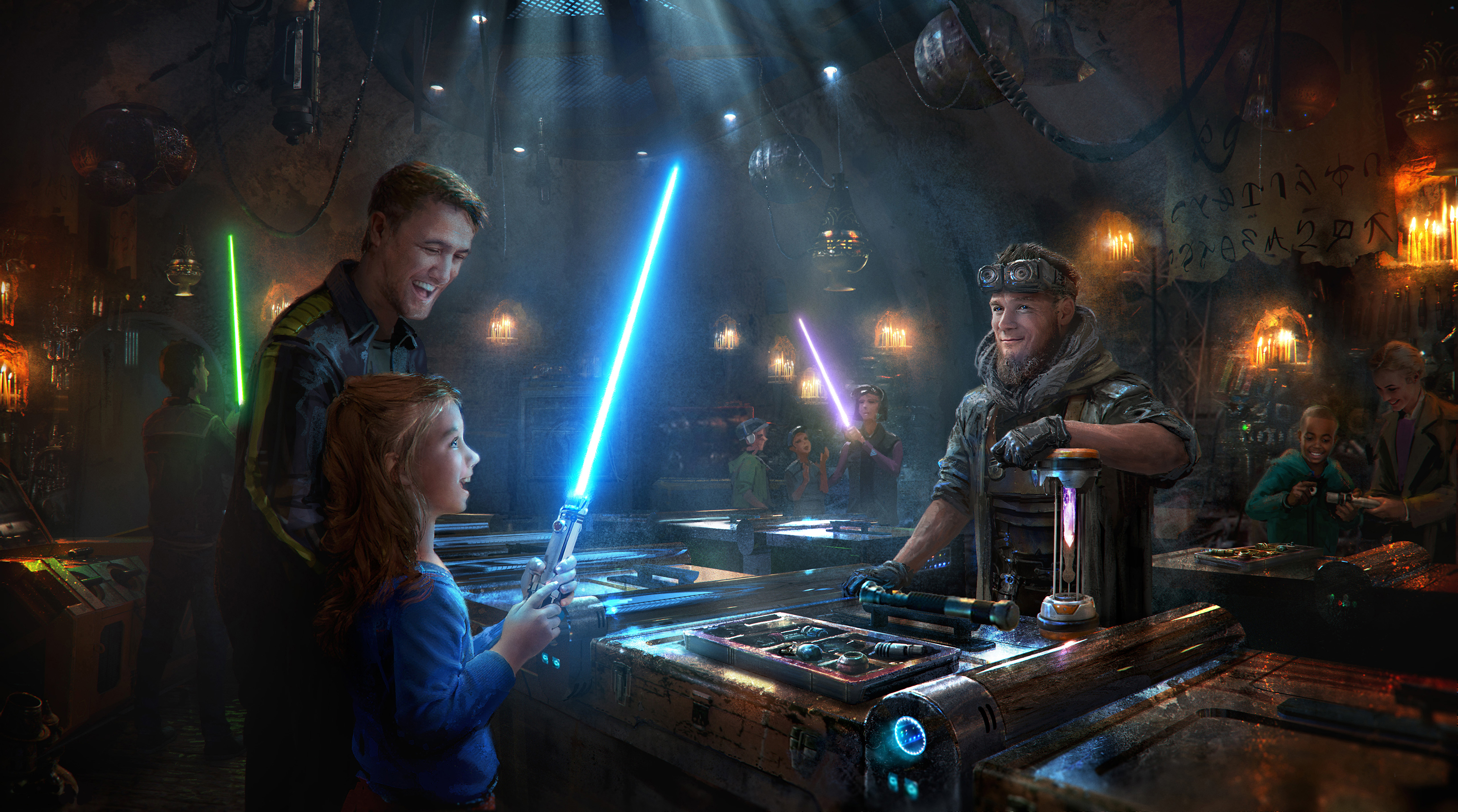 Hidden inside Savi's Workshop, Savi and his Gatherers helped visitors construct lightsabers.