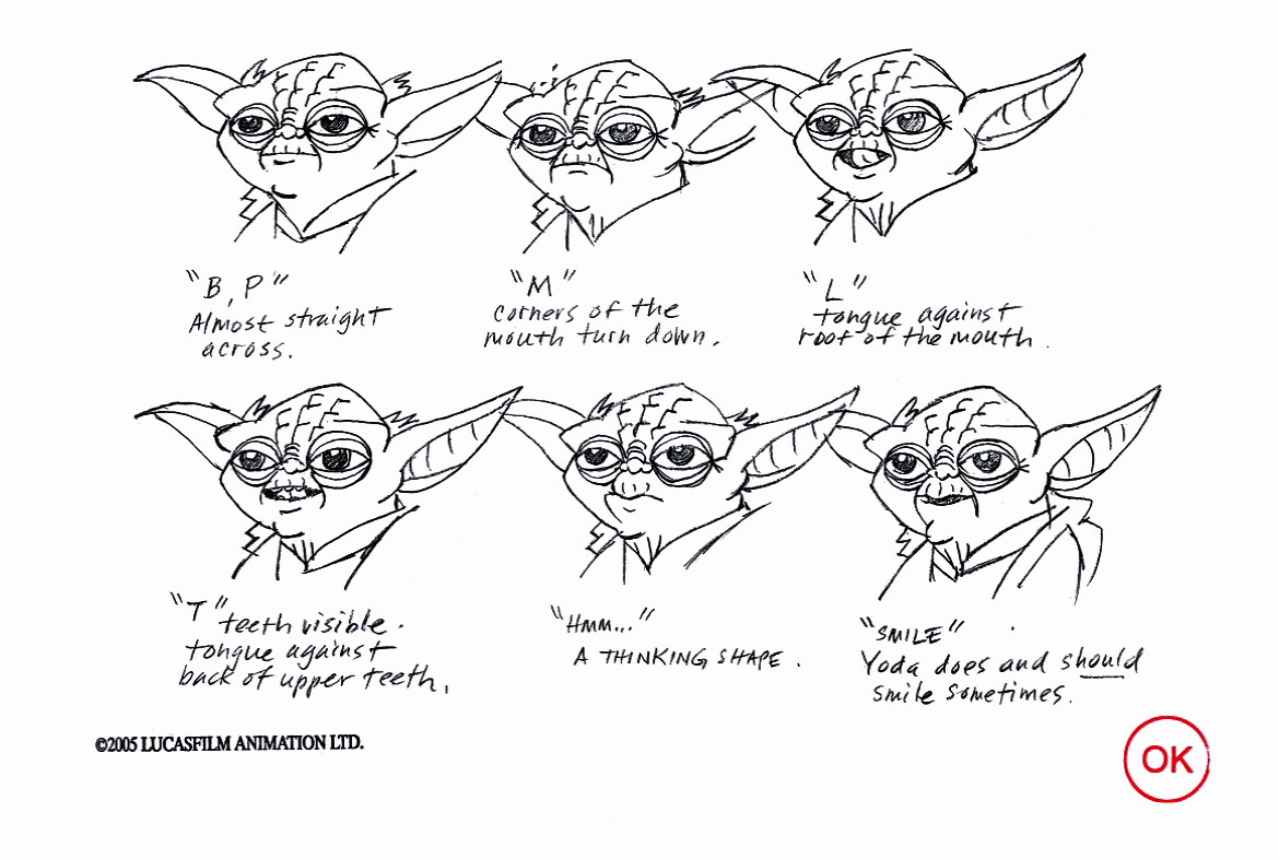 Character studies of Yoda created for The Clone Wars episode "Ambush."