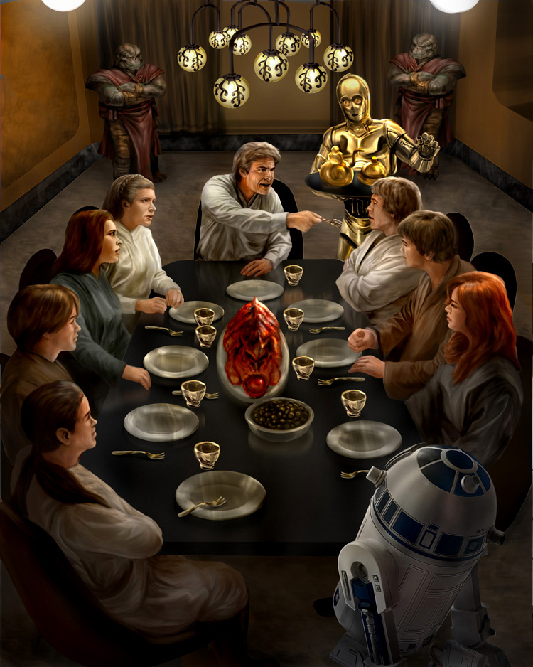 Around 40 ABY, members of House Solo share dinner with Skywalker family and Zekk.