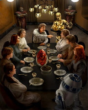 Around , members of House Solo share dinner with  and .