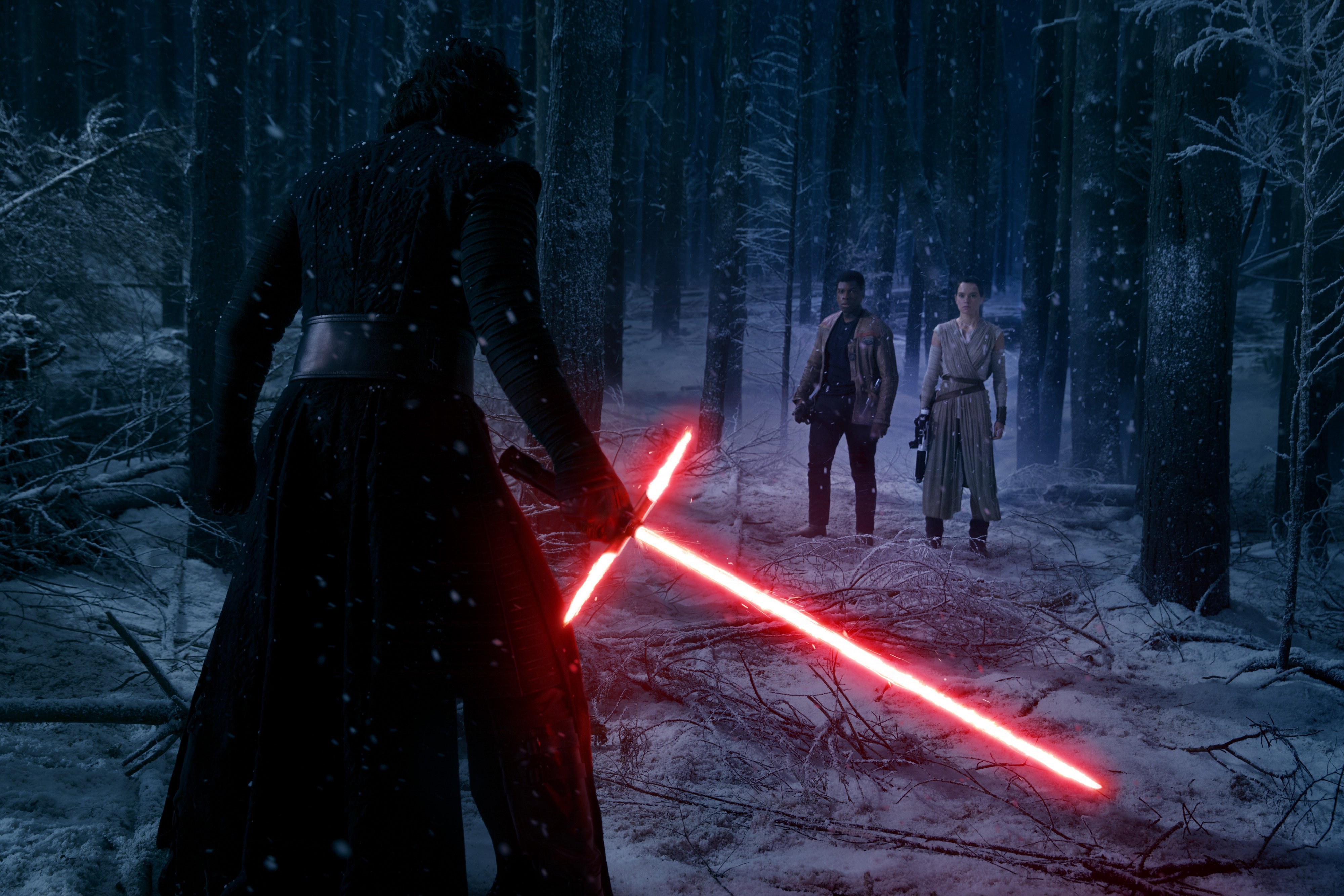 Okay, from now on, every lightsaber duel should take place in a winter forest. It creates the most beautiful backdrop.