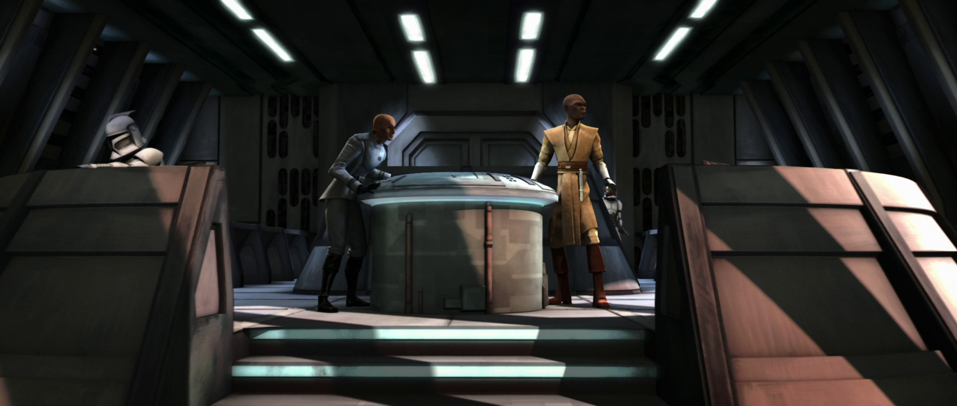 Ponds and Windu brace themselves during enemy fire over Ryloth.