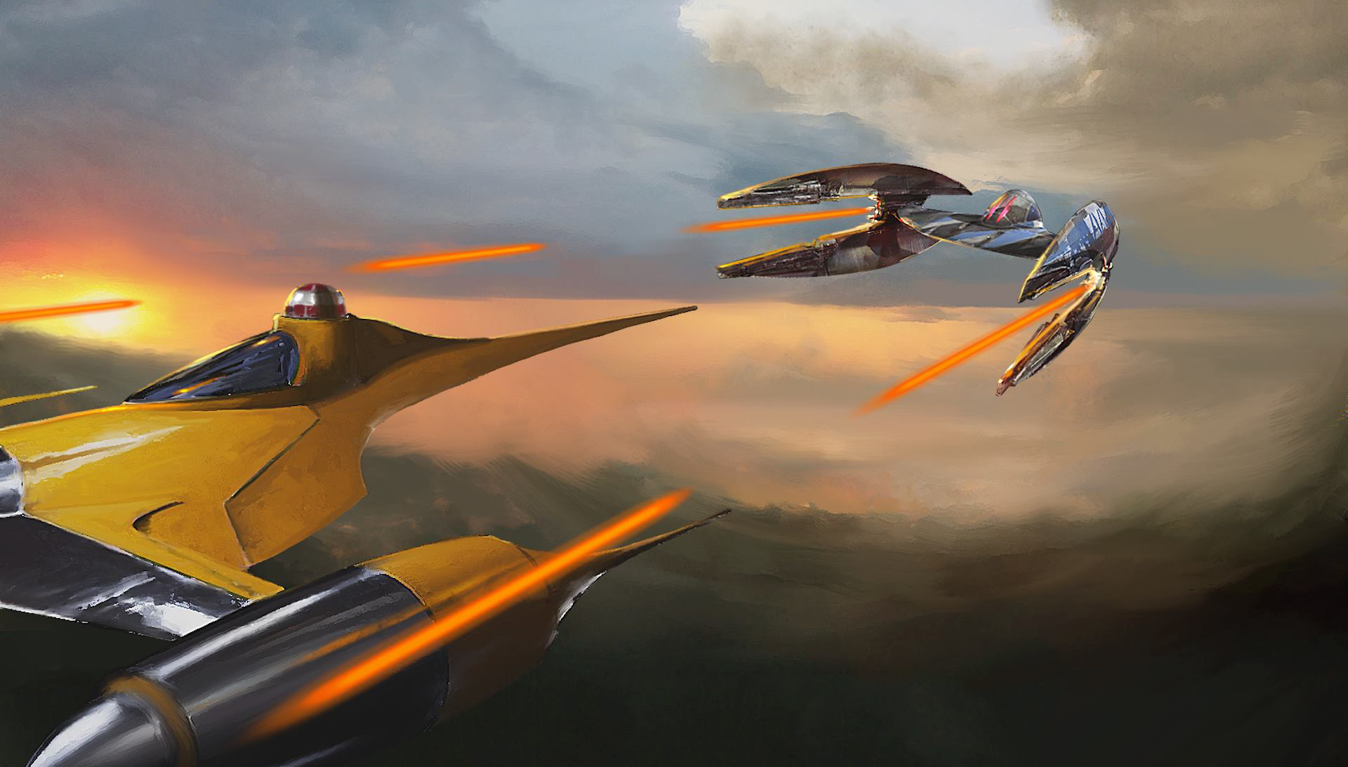 A Confederacy vulture droid firing on an N-1 starfighter.