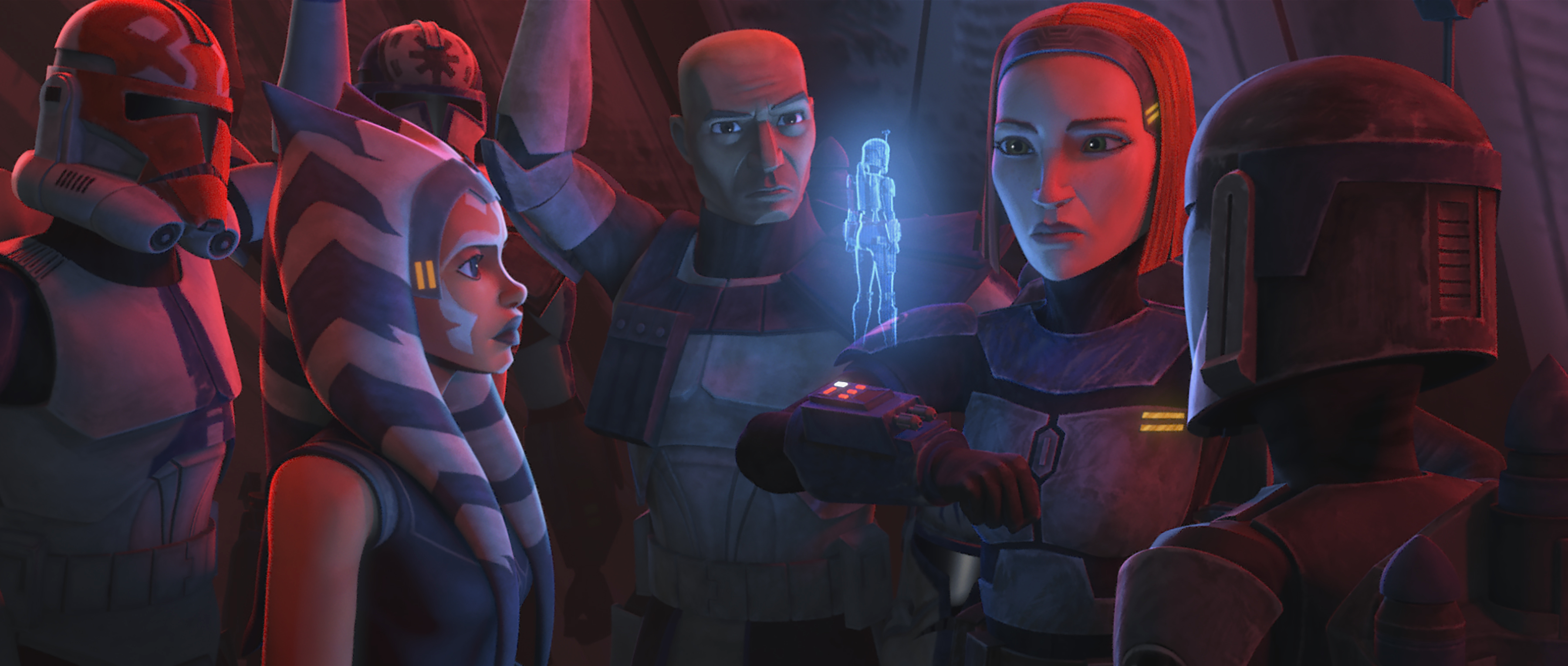 Jesse stands with Ahsoka, Rex and Bo-Katan on a LAAT/i.