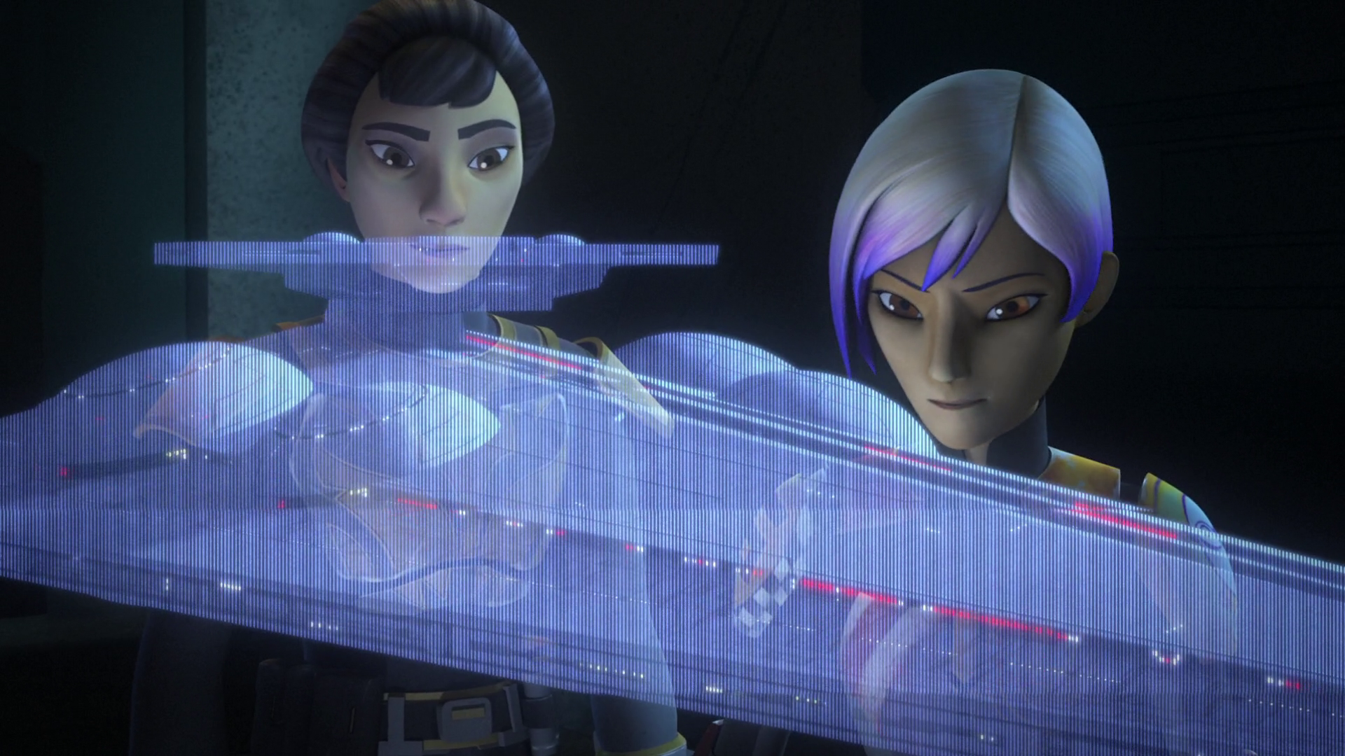 Ursa and Sabine Wren plan a Mandalorian assault on an Imperial interdictor cruiser during the Battle of Atollon.