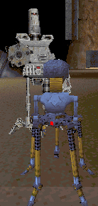 An assassin droid wielding his blaster against another droid