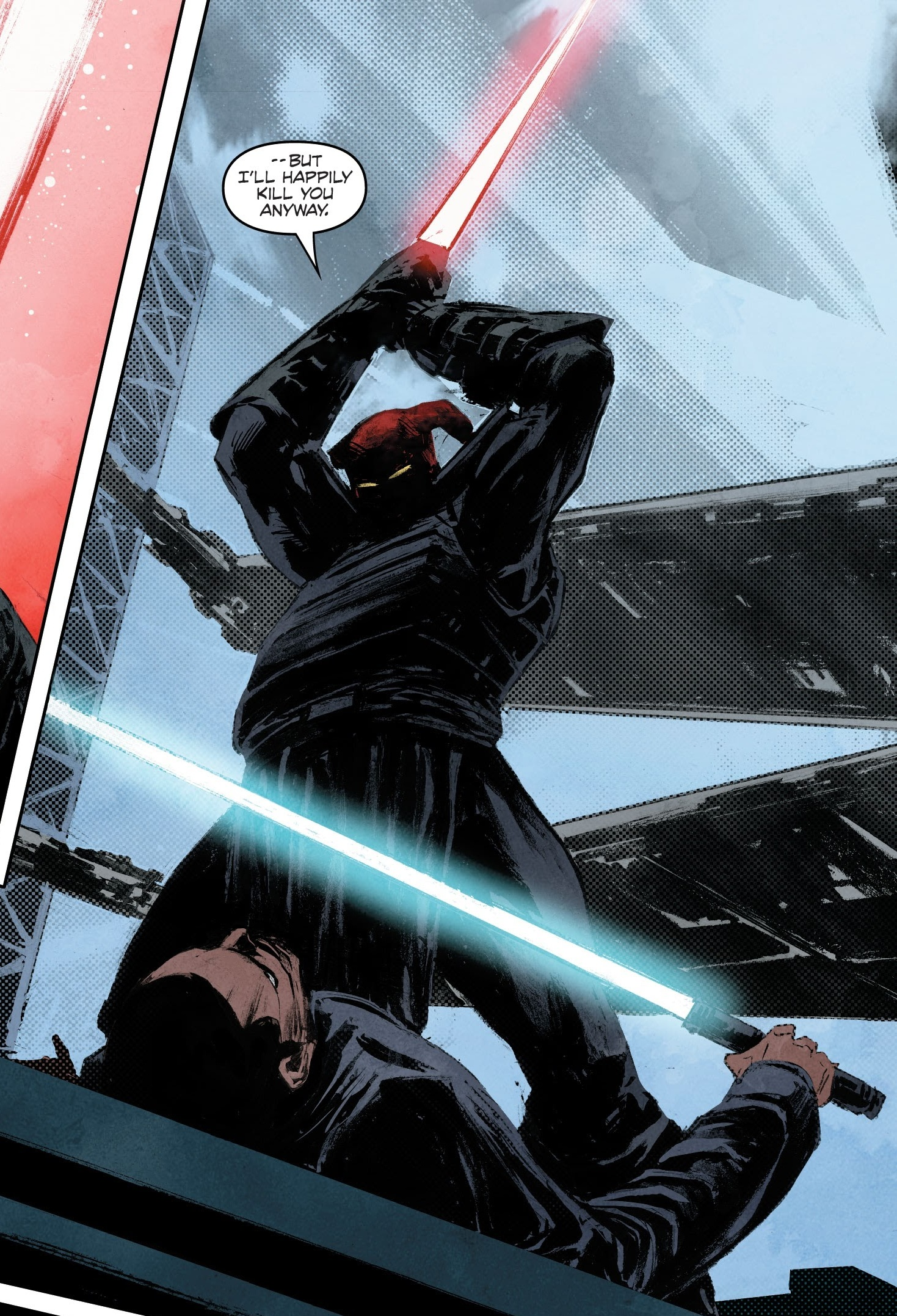 Jao Assam duels Darth Luft in the Mon Calamari Orbital Shipyards.