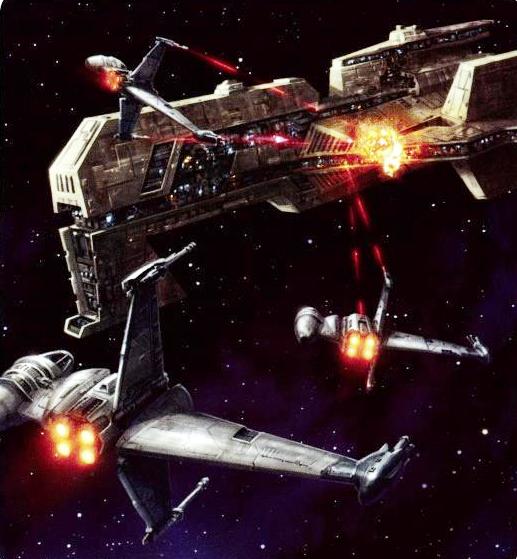 A Keldabe-class battleship under attack by a flight of B-wing starfighters.