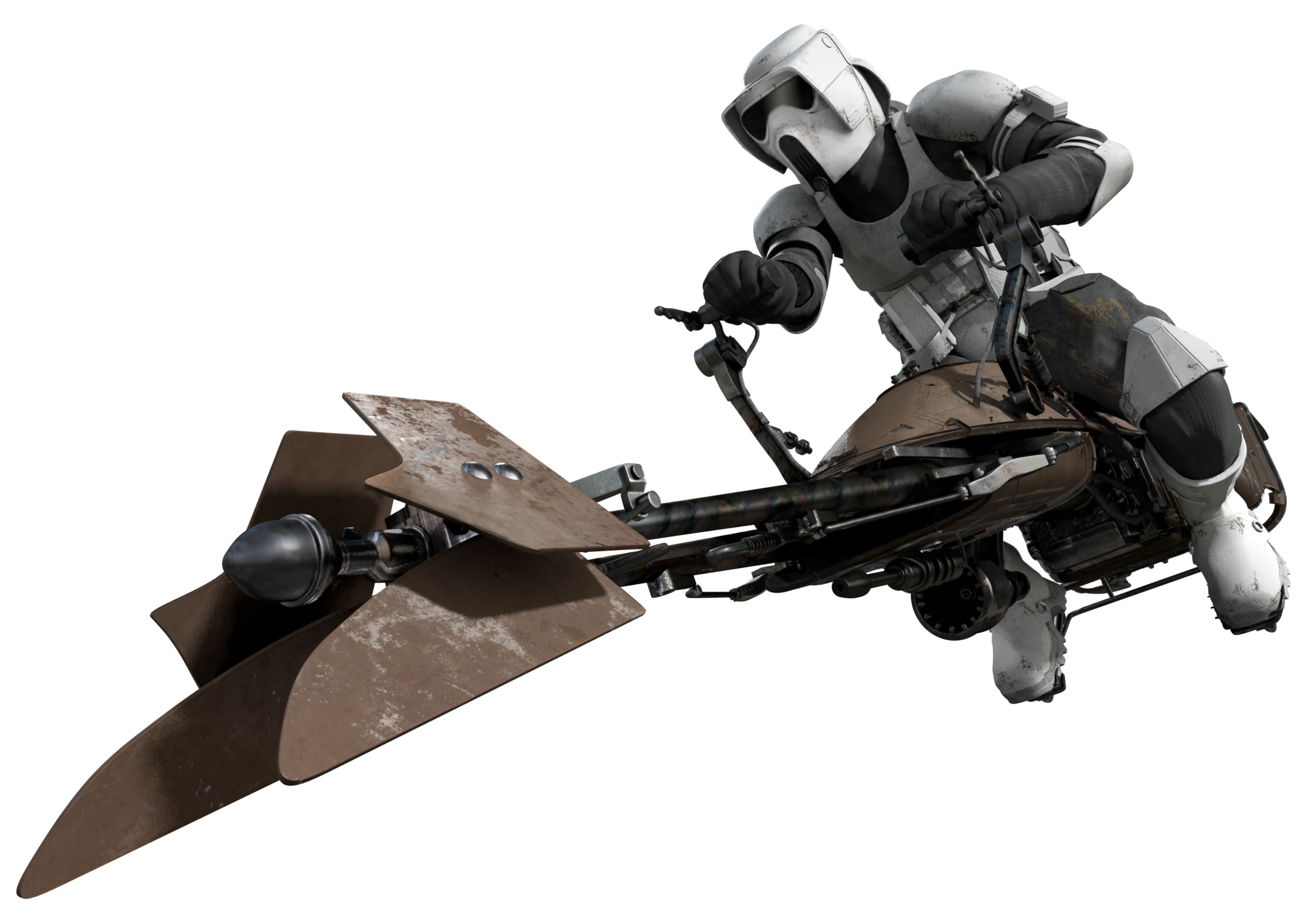 A scout trooper riding a 74-Z speeder bike