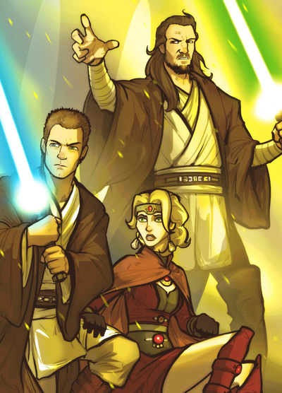 Duchess Satine under the protection of Qui-Gon Jinn and Obi-Wan Kenobi