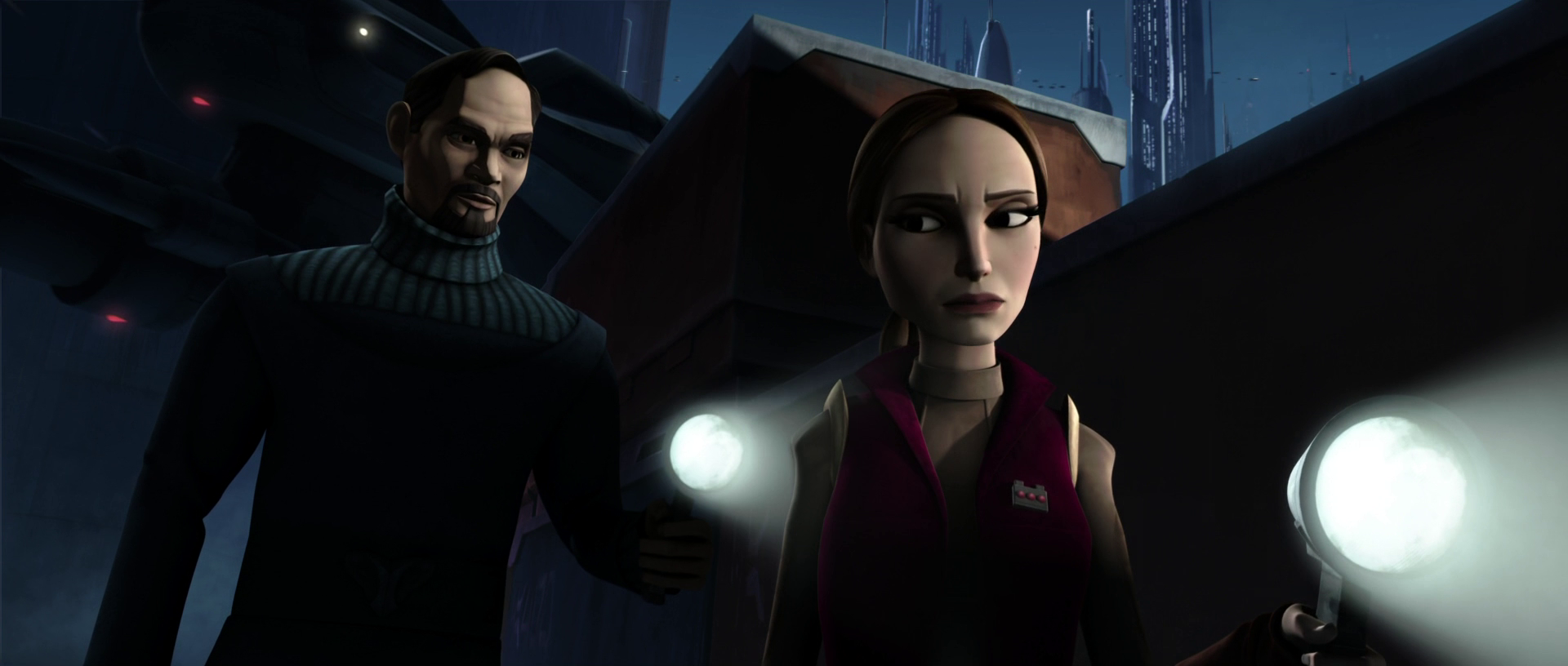 Using a tip from Senator Mee Deechi, Bail and Padmé investigate the docks under the derrick major for clues.