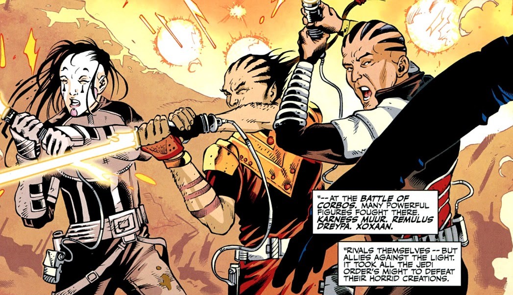 Marchioness XoXaan (left) alongside other Dark Jedi at the Battle of Corbos