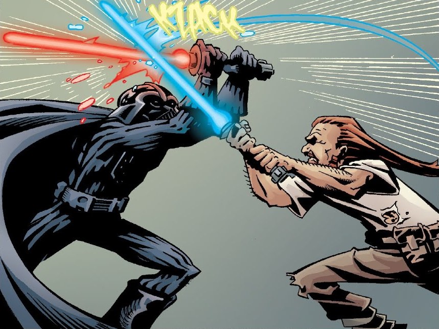 Jedi Knight Gira duels the Dark Lord Darth Vader.