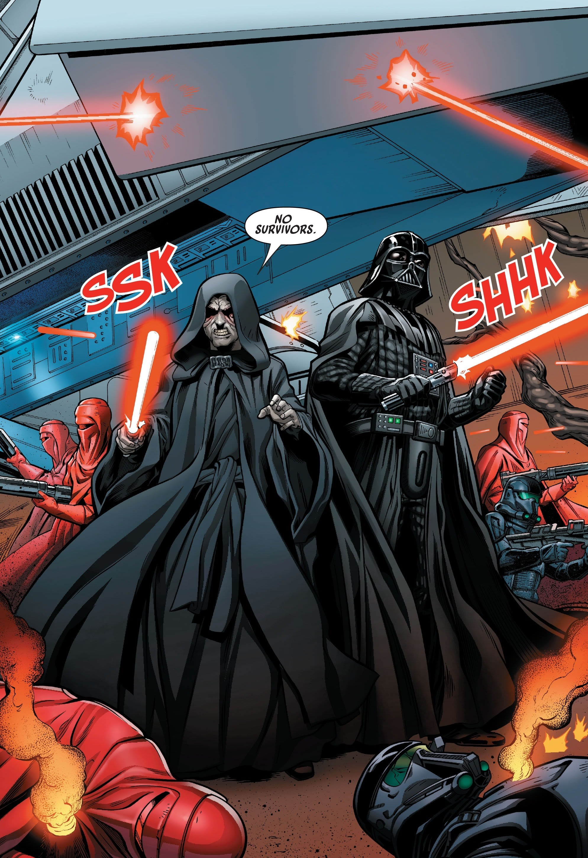 Darth Sidious, Darth Vader, and their forces boarded the Amaxine Station to destroy Crimson Dawn once and for all.