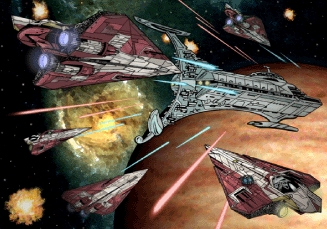 The Jedi task force swarms an Iridium Longprow attack cruiser.